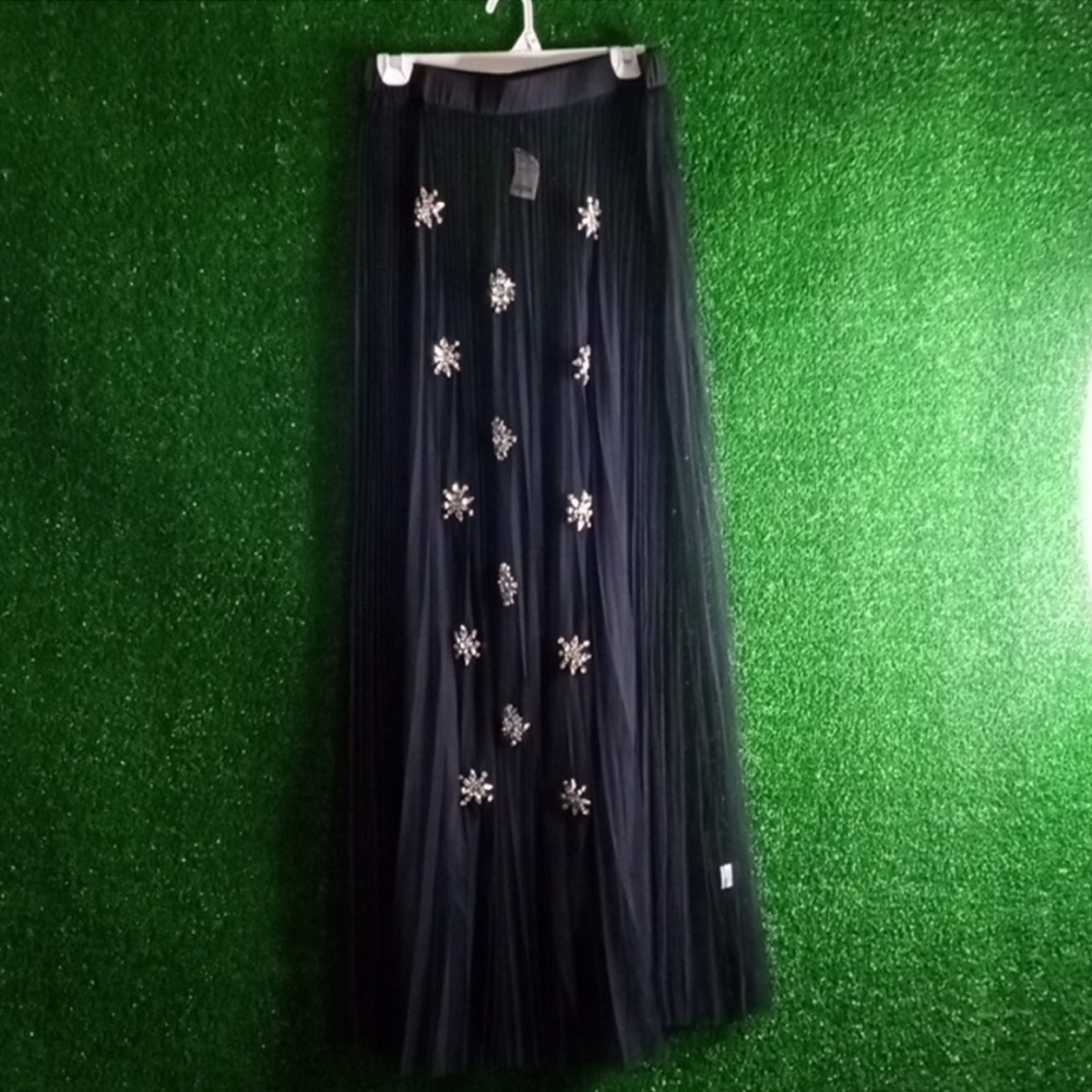 NWT! AKIRA Black Tulle Coverup Chrystal Embellished Rhinestone Maxi Ruffle Pleat - Picture 6 of 10